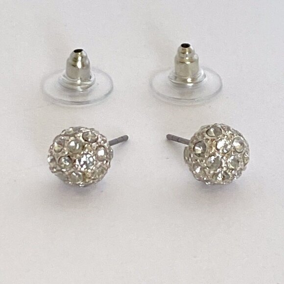 Crystal Rhinestones Disco Ball 8mm Pave Silver Tone Stud Pierced Earrings - Picture 4 of 7